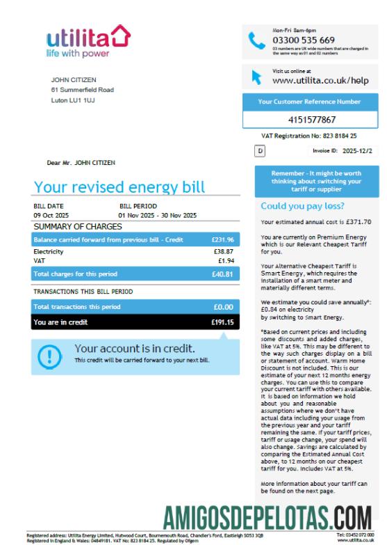 Para baixar modelo de fatura de serviços públicos de energia Utilita do Reino Unido em formatos Word e PDF